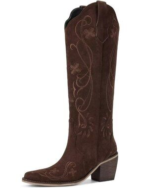 Women's Knee High Cowgirl Boots Chocolate Brown Western Boots with Pointed Toe